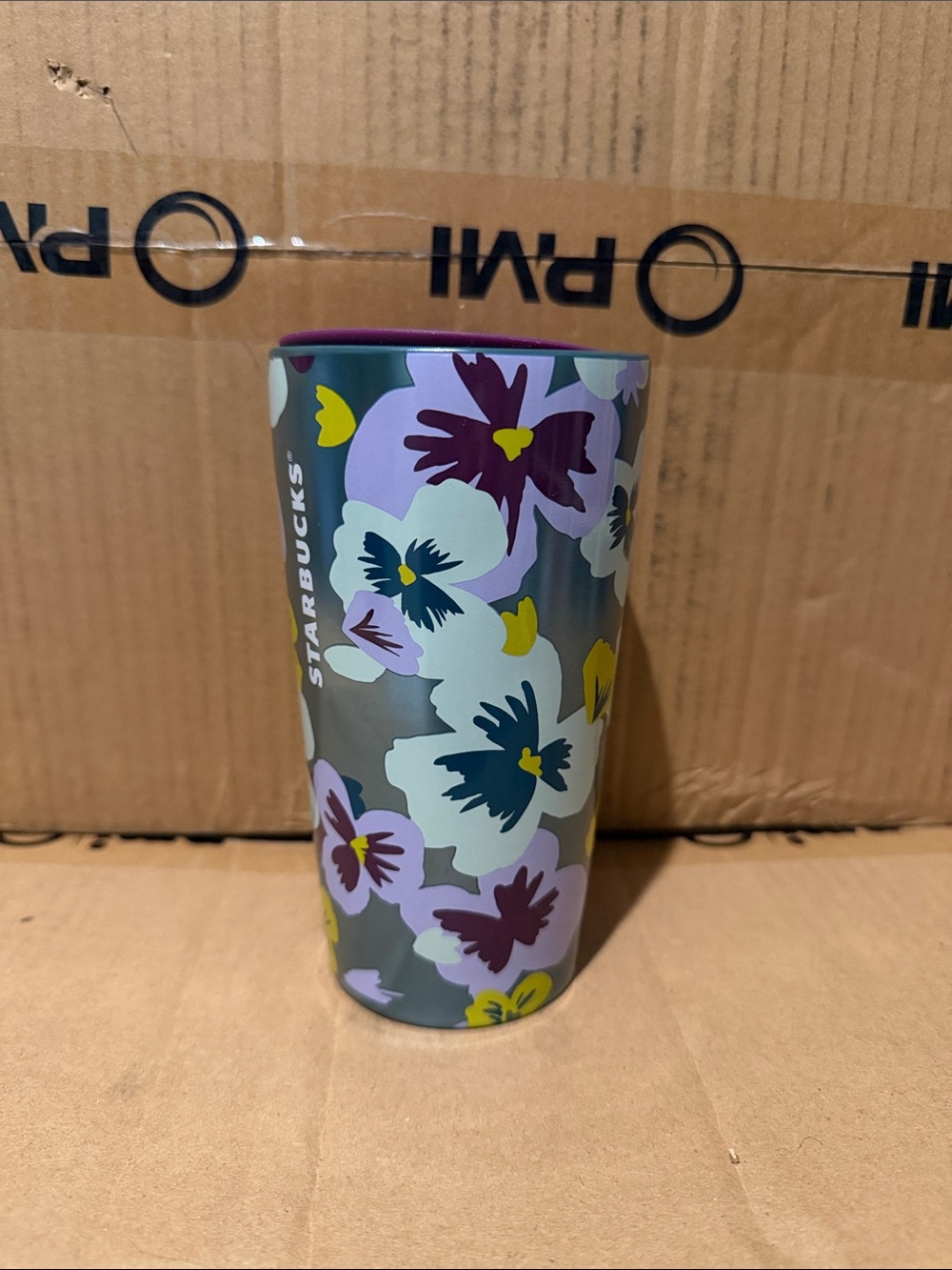 Starbucks Gray Floral Tumbler with Purple and Yellow Accents